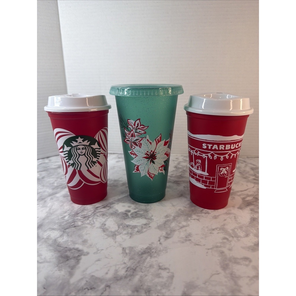 3 STARBUCKS CUPS Reusable With Lids 16oz Christmas Red Cups, 24oz Green Glitter